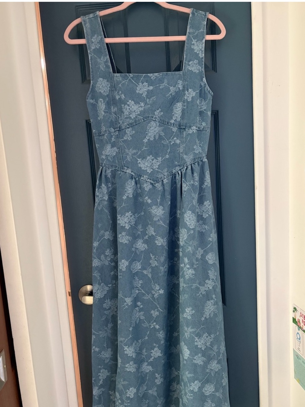 Denim Floral Jacquard Corset Midi Dress Cottagecore Blue Small - Picture 5 of 6